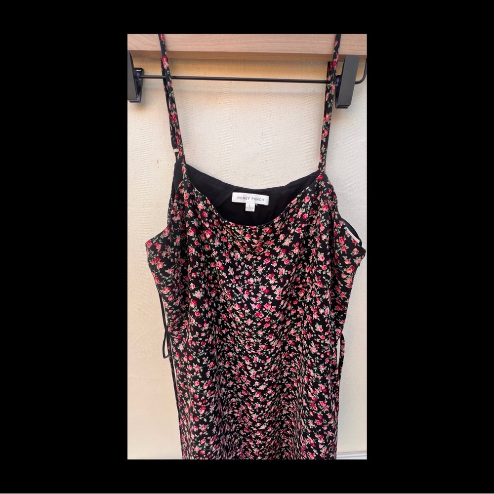 Honey Punch Black Floral Midi Dress with Pink Flower Print